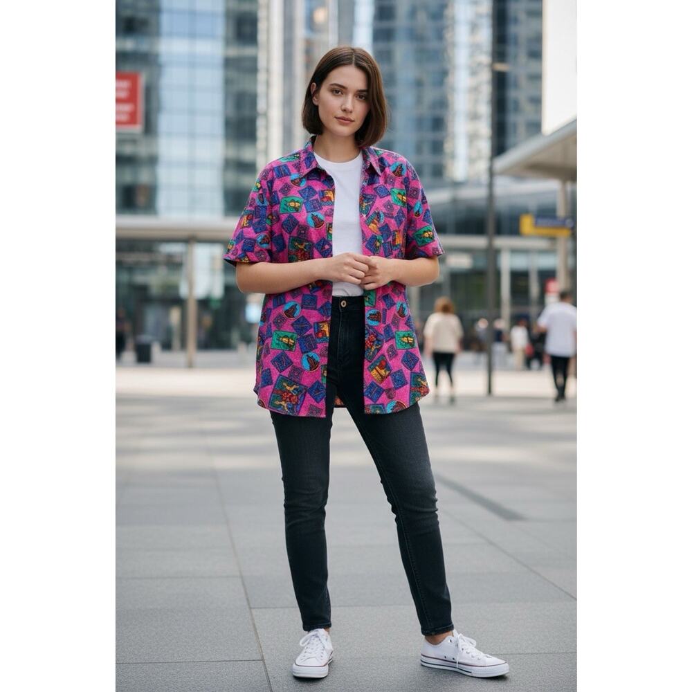 Vintage 90's B.E. Women's M Rayon Neon Pink Antique Art AOP Short Sleeve Shirt